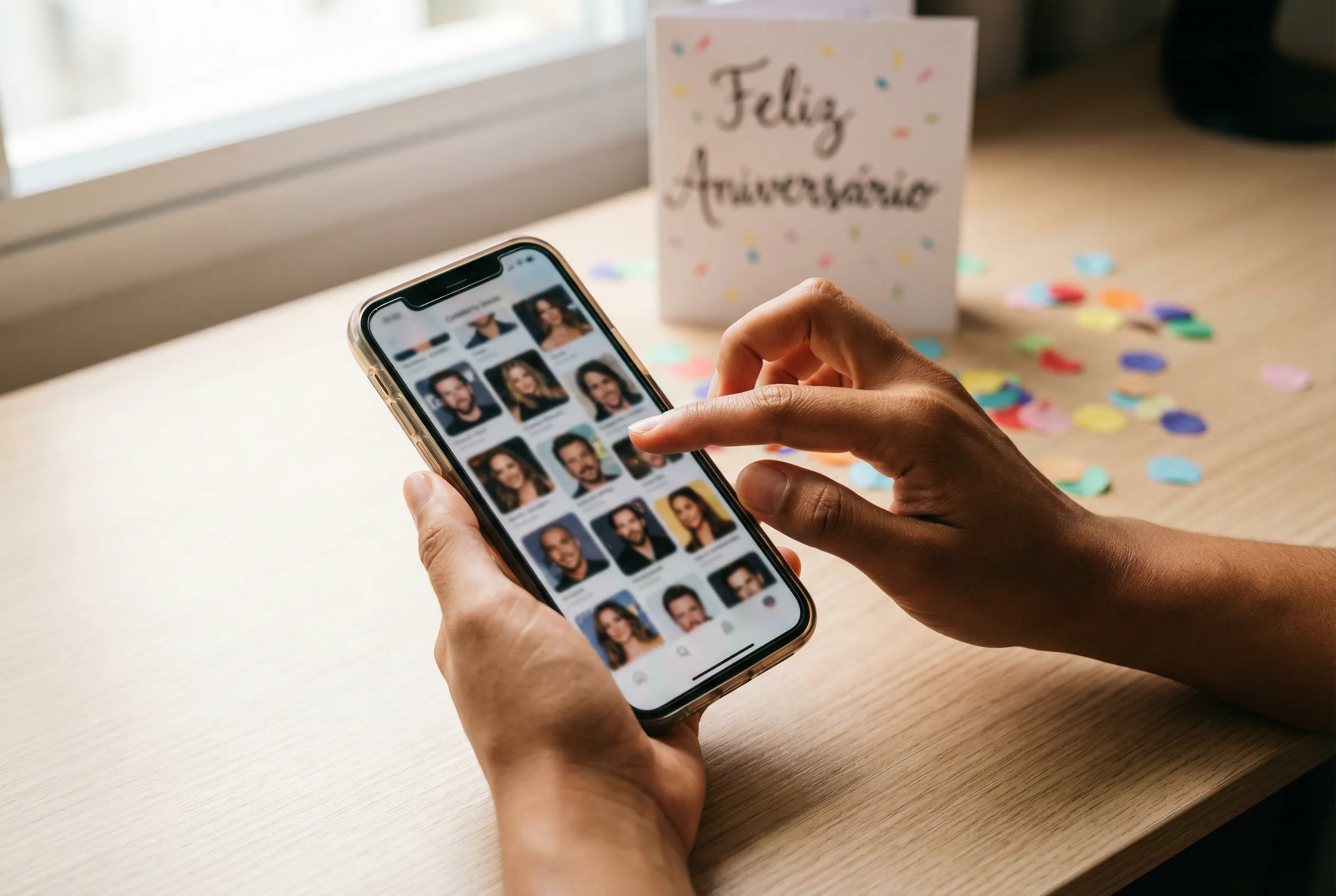 Mãos navegando pela galeria de vozes de famosos brasileiros no celular