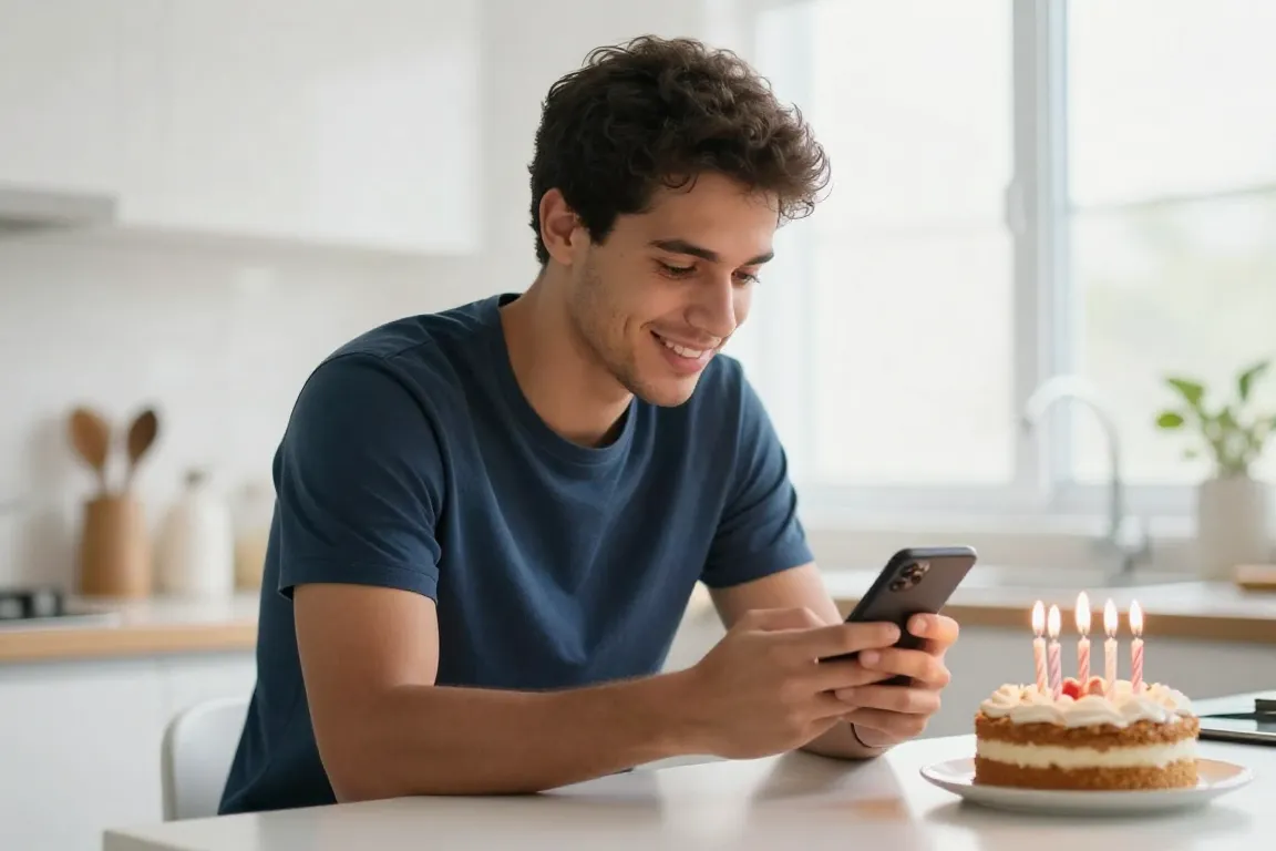 Jovem digitando mensagem personalizada de aniversário no celular com bolo ao fundo