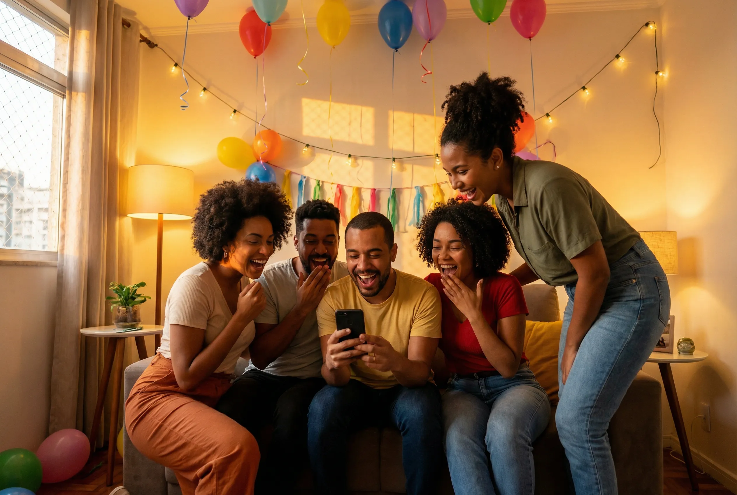Grupo de amigos rindo e reagindo ao vídeo de aniversário com voz de famoso no celular